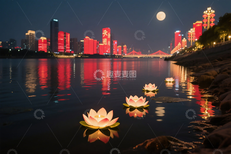 高清大图下载【趣麦麦图】实拍郊外水面河灯