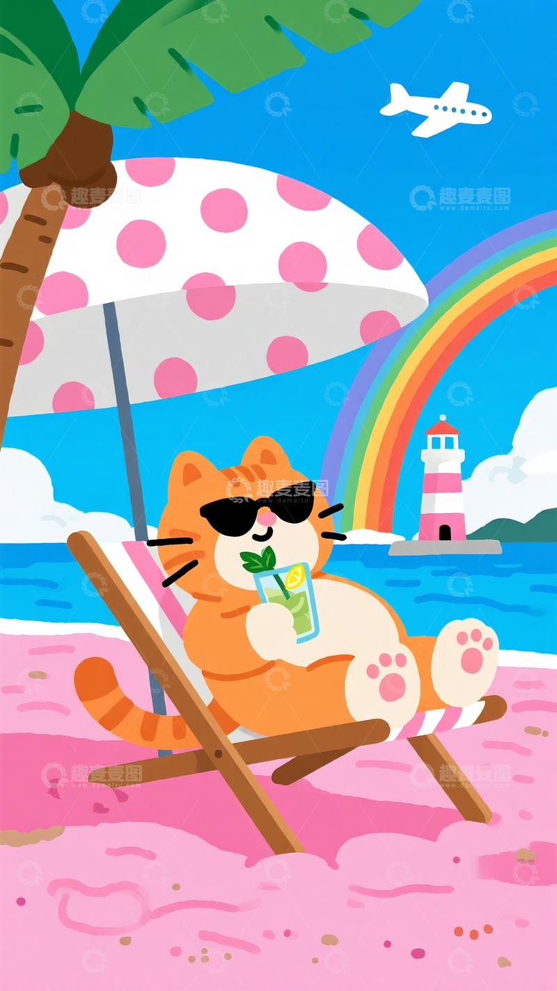 高清大图下载【趣麦麦图】橘猫海滩度假悠闲图