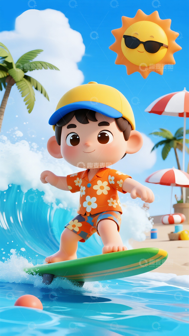 高清大图下载【趣麦麦图】男孩海边冲浪欢乐图