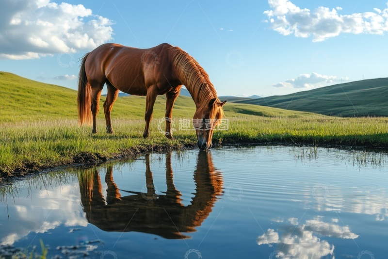 高清大图下载【趣麦麦图】草原上喝水的一匹马
