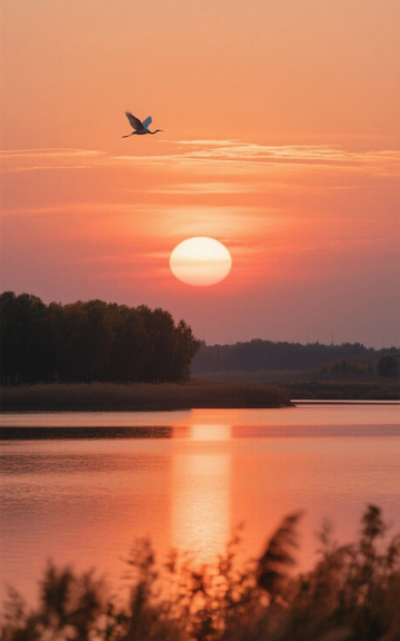 秋分秋日湖畔落日飞鹤背景