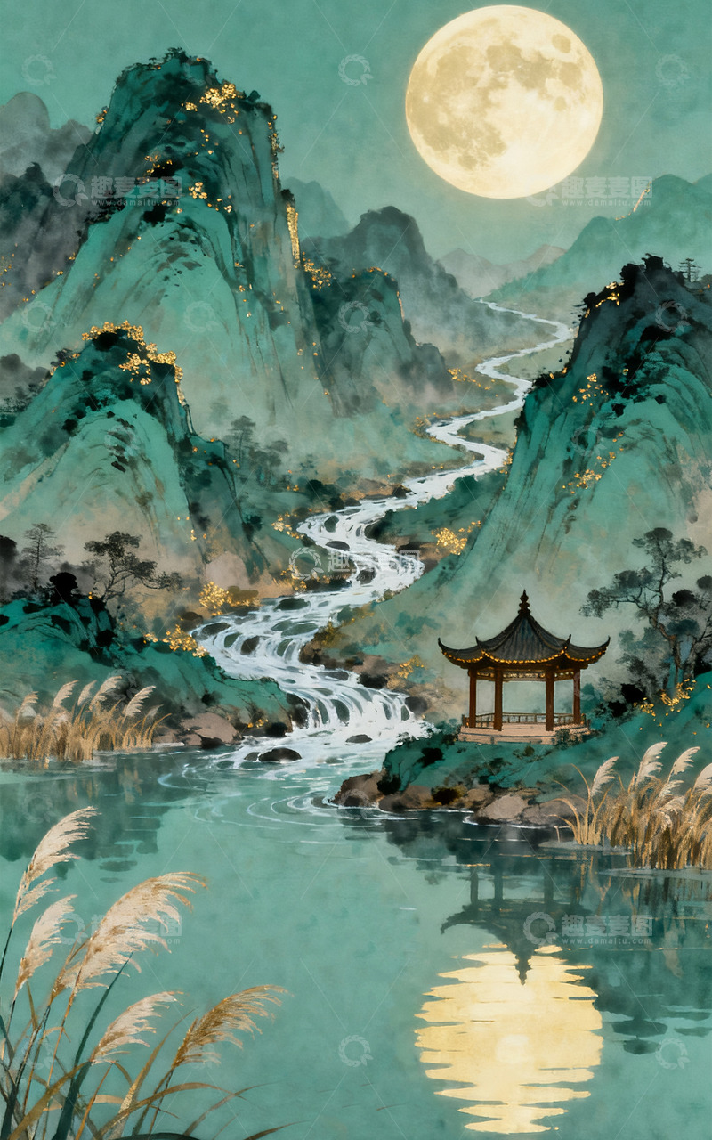 高清大图下载【趣麦麦图】中秋山水月夜意境绿水青山