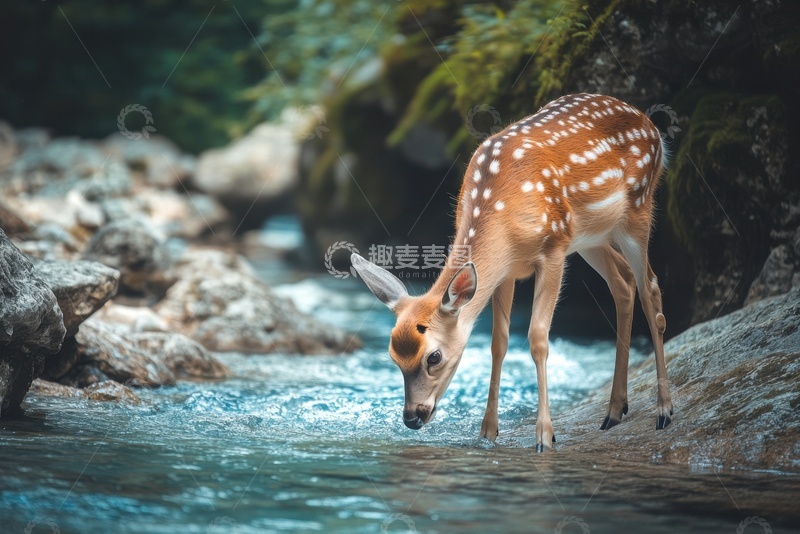高清大图下载【趣麦麦图】溪流边喝水的一头小鹿