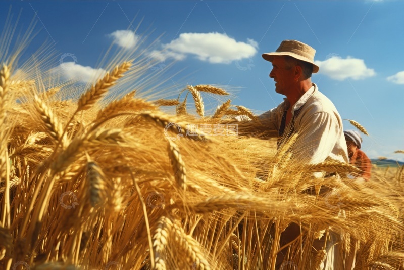 高清大图下载【趣麦麦图】麦田里收割小麦的农民