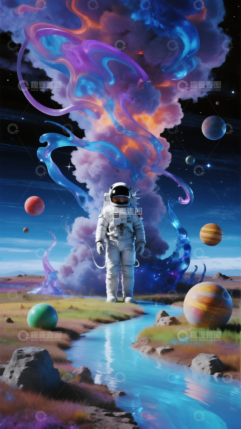 高清大图下载【趣麦麦图】宇航员奇幻彩色星球探索图