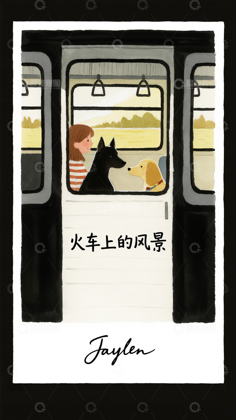 高清大图下载【趣麦麦图】火车上女孩与狗观景图