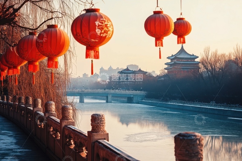 高清大图下载【趣麦麦图】户外河畔红灯笼