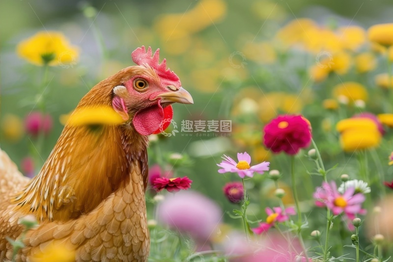 高清大图下载【趣麦麦图】花丛中的一只母鸡