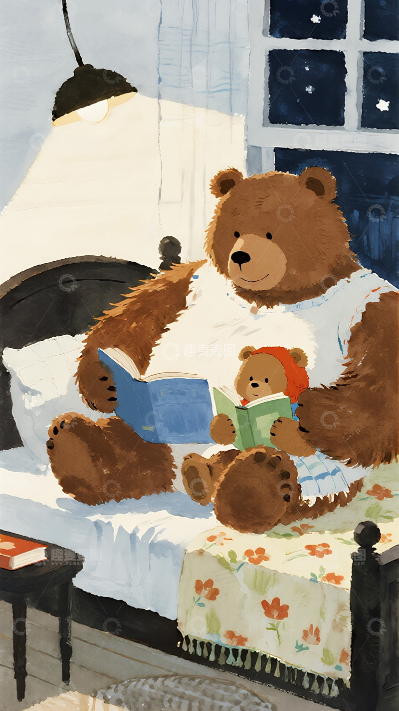高清大图下载【趣麦麦图】熊妈与小熊温馨夜读场景图