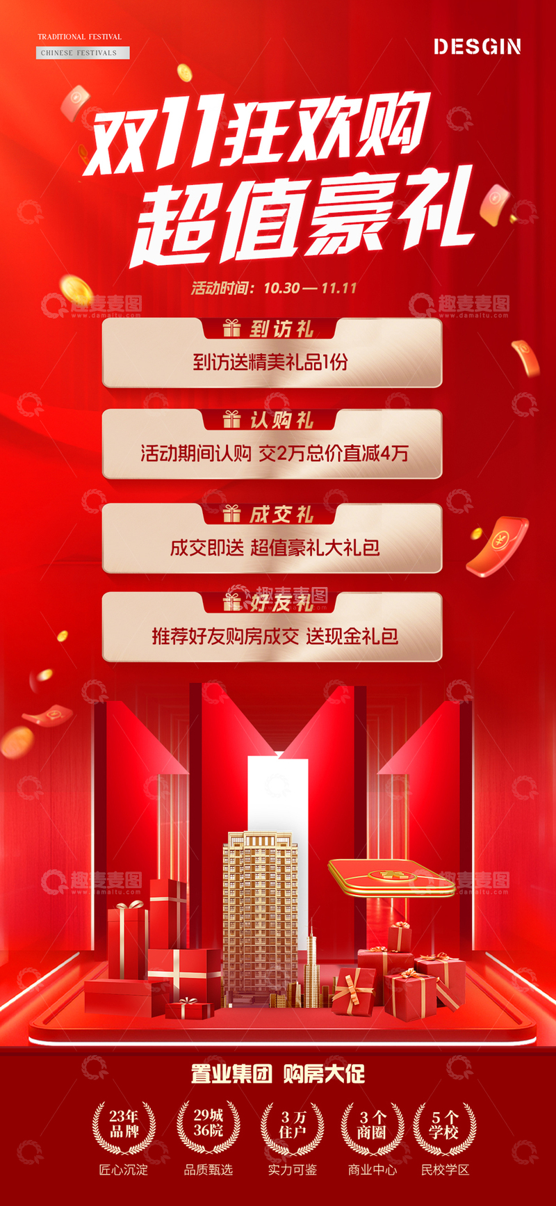 源文件下载【趣麦麦图】-地产双11红金活动海报