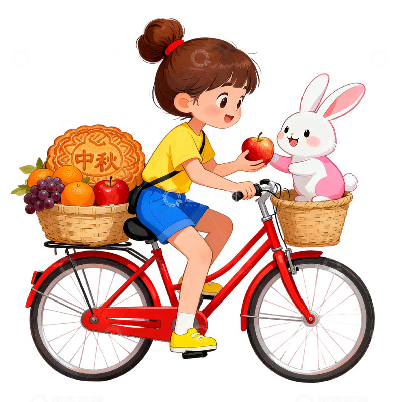 高清大图下载【趣麦麦图】卡通插画中秋氛围踩单车的女孩免扣元素