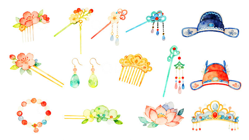 高清大图下载【趣麦麦图】水彩古风头饰Q版可爱清新艺术元素