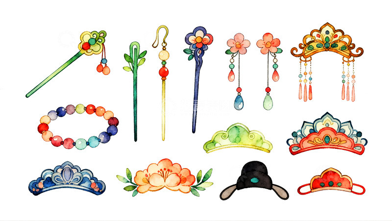 高清大图下载【趣麦麦图】清新艺术水彩古风头饰Q版可爱元素