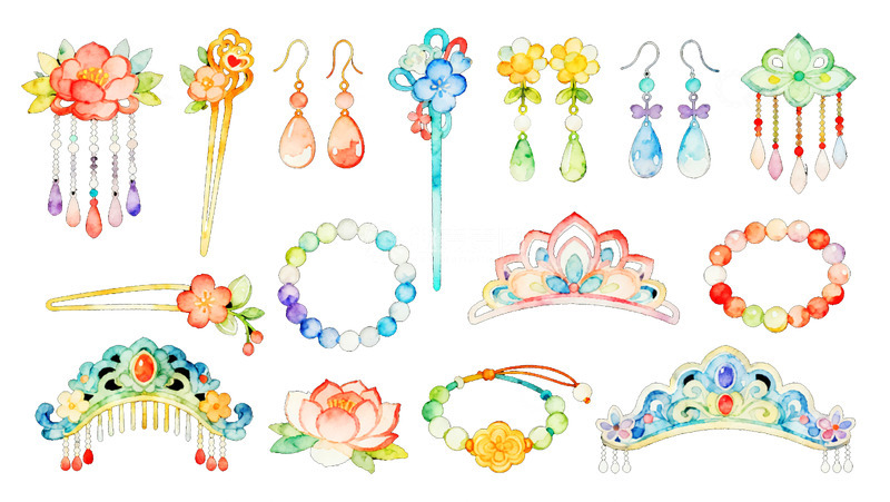 高清大图下载【趣麦麦图】古风头饰清新艺术水彩Q版可爱元素