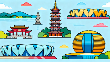 杭州地标合集矢量手绘插画