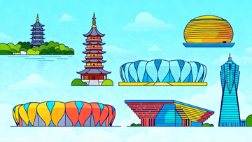 矢量手绘杭州地标合集插画