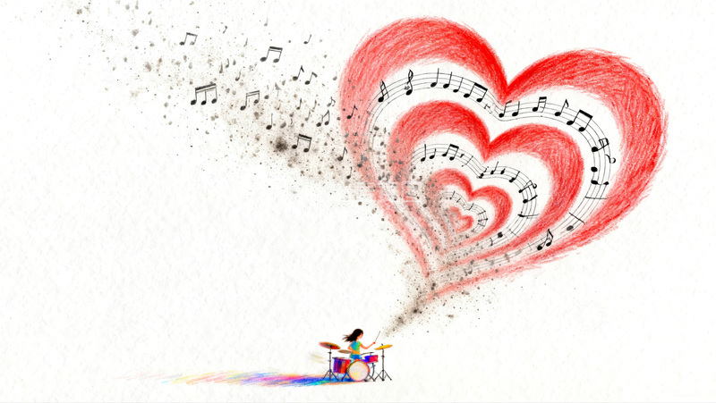 高清大图下载【趣麦麦图】彩铅风少女正在打架子鼓插画爱心元素