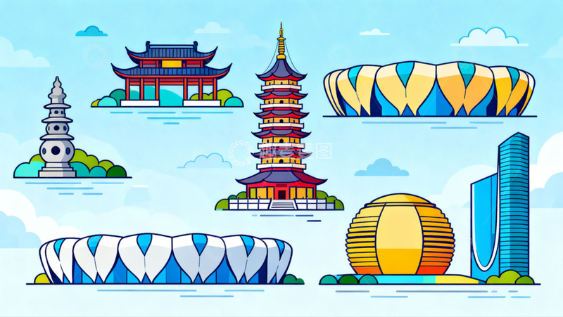 高清大图下载【趣麦麦图】矢量插画杭州地标合集