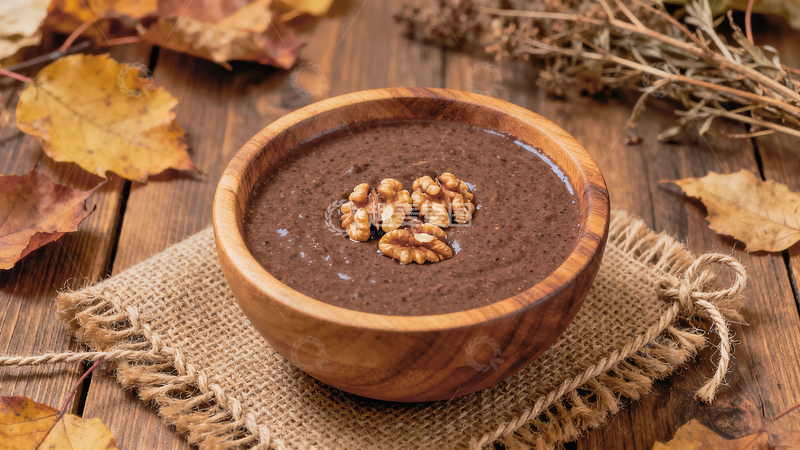 高清大图下载【趣麦麦图】秋日氛围木碗中式传统养生米糊食材核桃仁