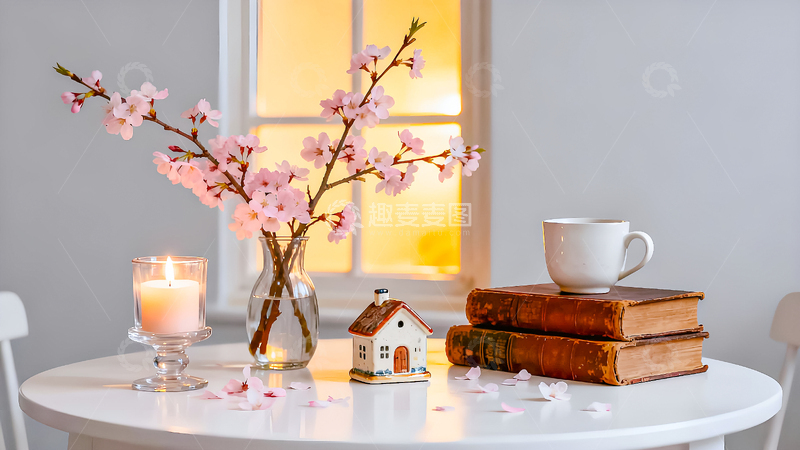 居家场景玻璃烛台点燃的蜡烛花瓶樱花枝条