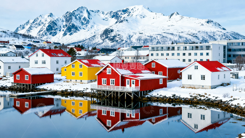 高清大图下载【趣麦麦图】宁静小镇连绵雪山房屋错落有致冬日景色