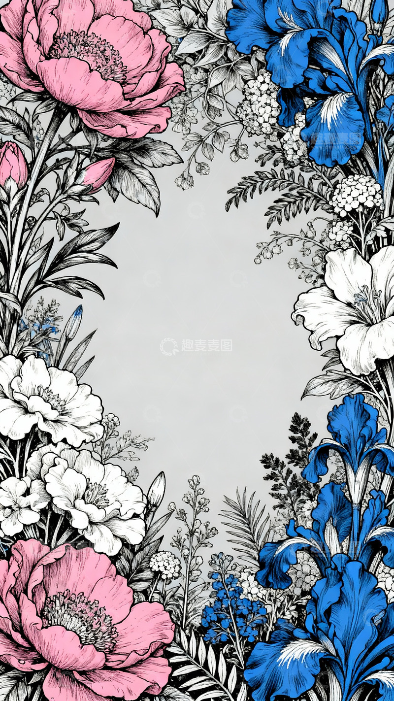 高清大图下载【趣麦麦图】版画风花卉植物