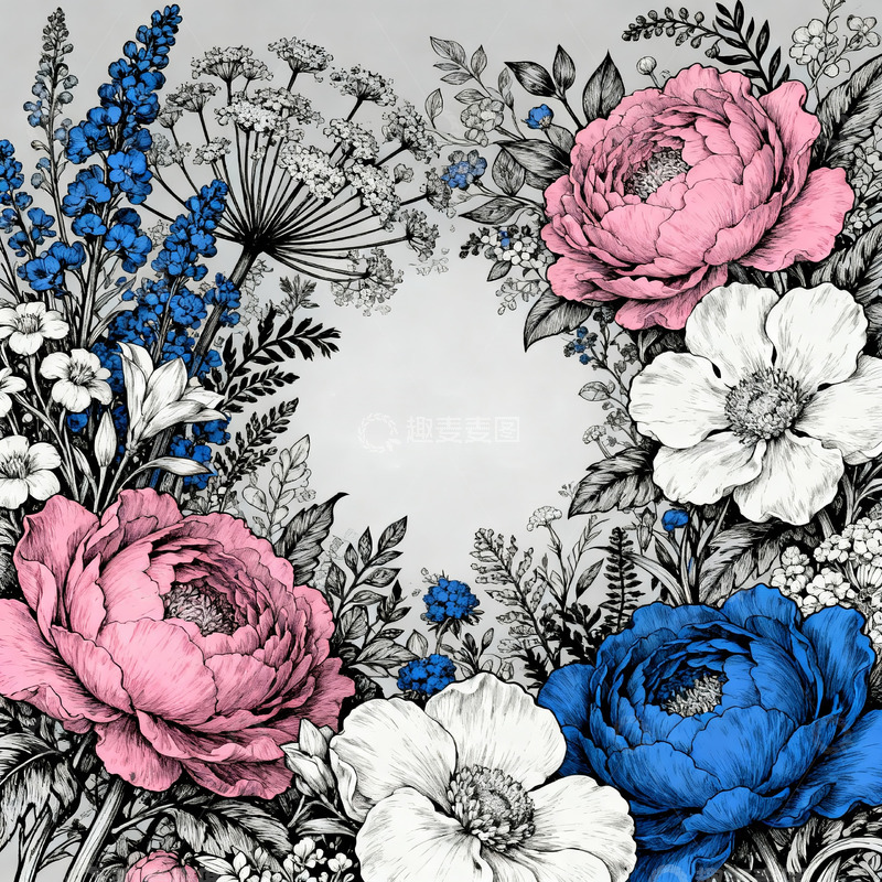 高清大图下载【趣麦麦图】版画风花卉植物