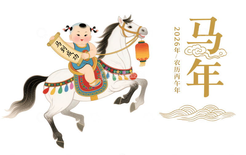 源文件下载【趣麦麦图】2026马年吉祥童子骑马图插画