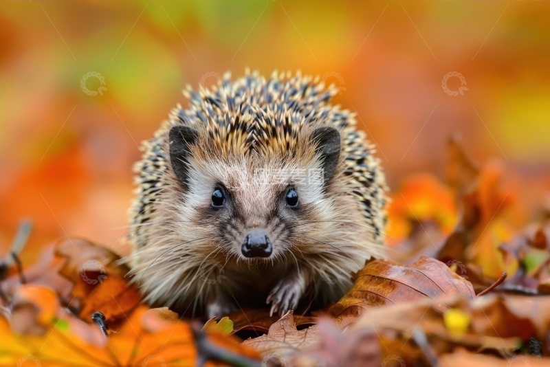 高清大图下载【趣麦麦图】秋季落叶丛上的一只小刺猬