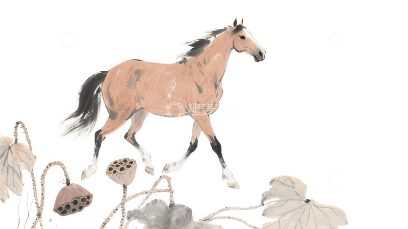 源文件下载【趣麦麦图】国风奔驰骏马图插画手绘免扣元素