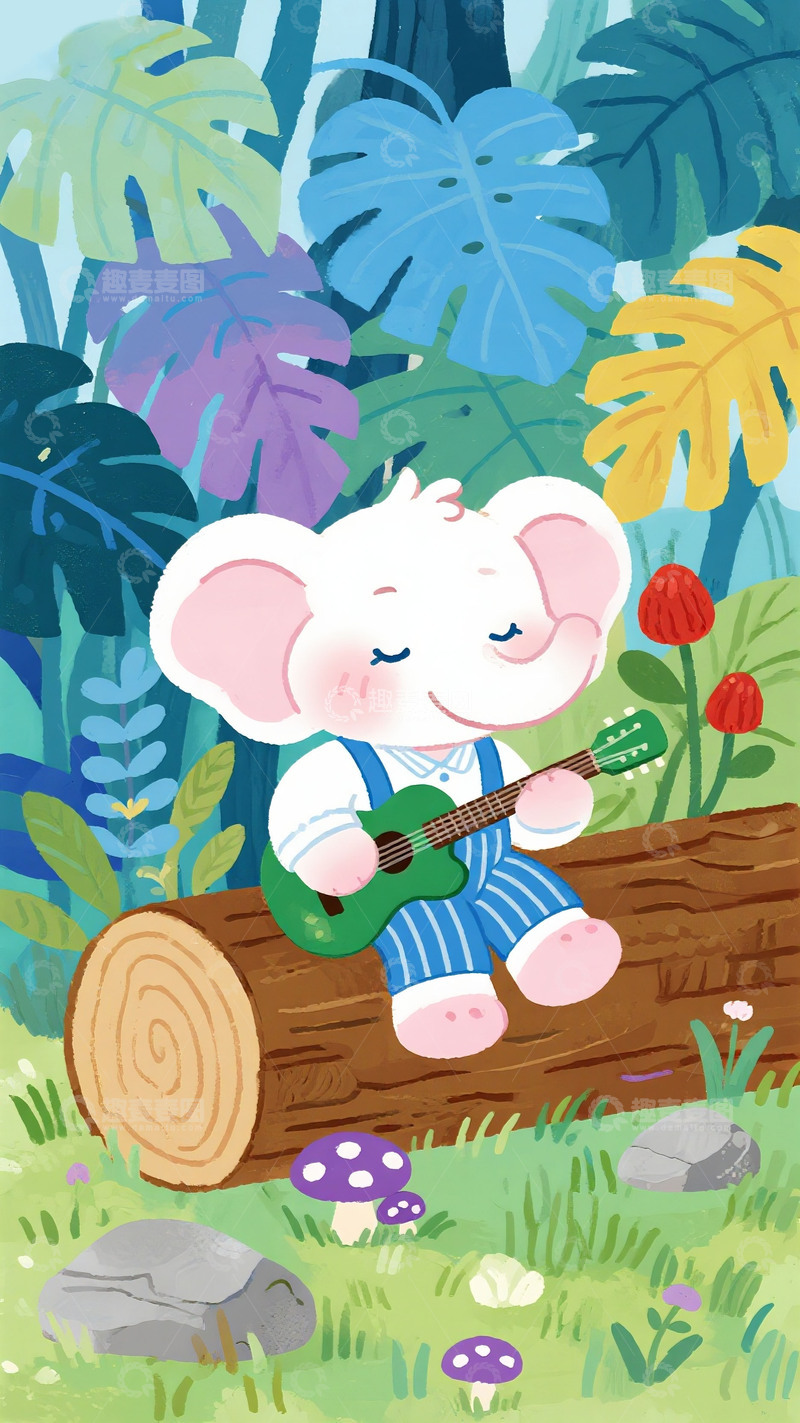 高清大图下载【趣麦麦图】森林小象弹吉他童趣插画