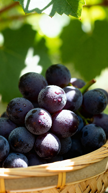 新鲜水果葡萄竹篮盛放阳光商业照片