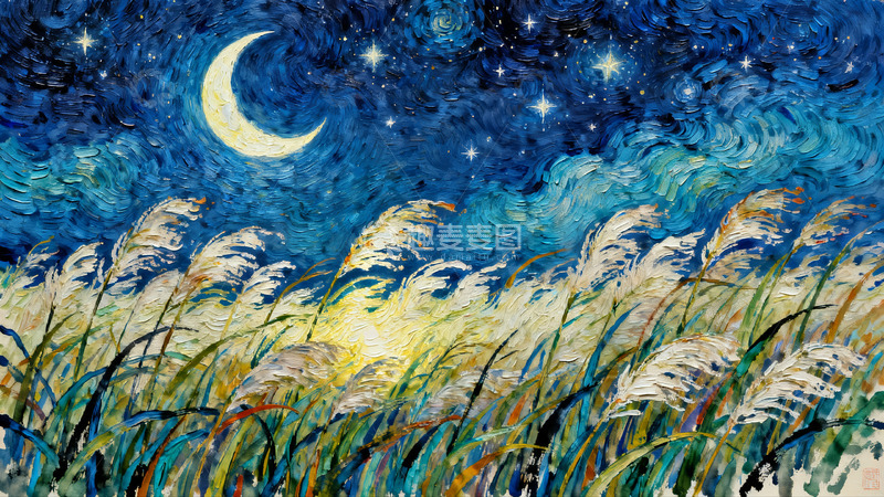 高清大图下载【趣麦麦图】-梵高星空 翻涌的芦苇