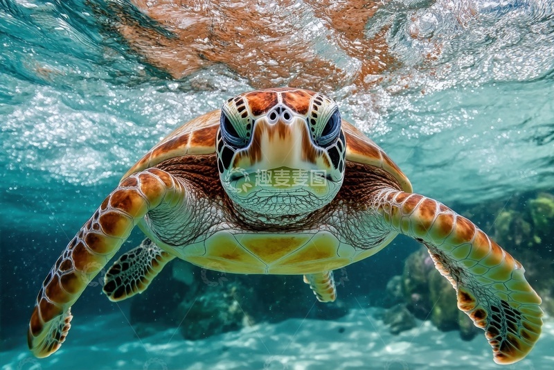 高清大图下载【趣麦麦图】大海里游泳的一只海龟