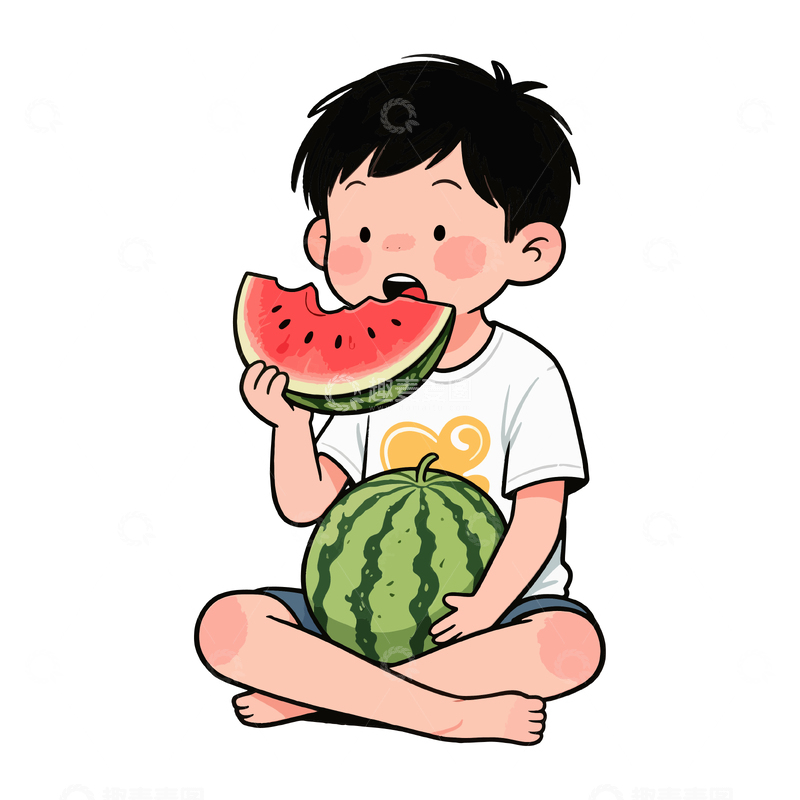 小男孩吃西瓜夏天