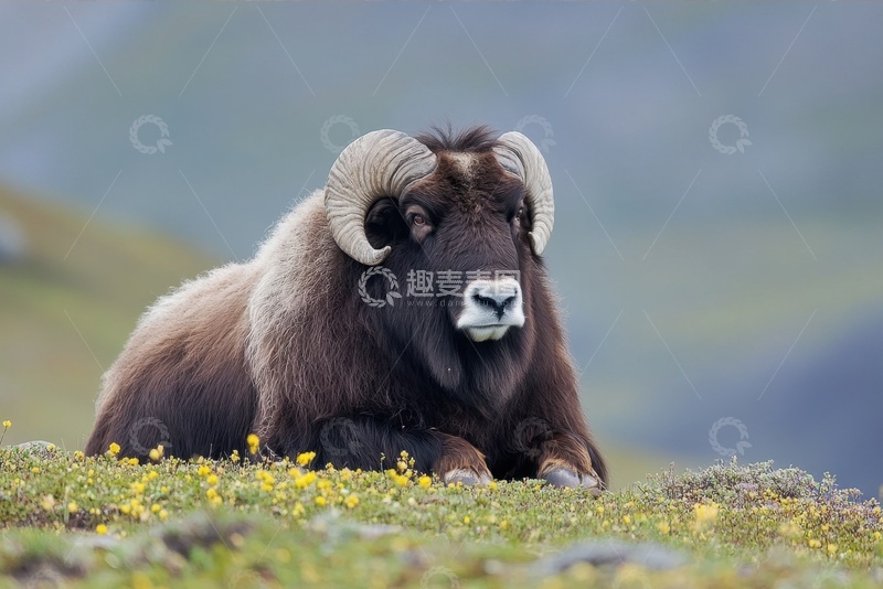 高清大图下载【趣麦麦图】趴在草坪上的一头野牛