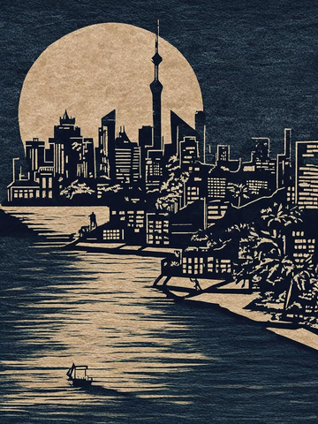 海滨中秋剪纸拼贴复古插画