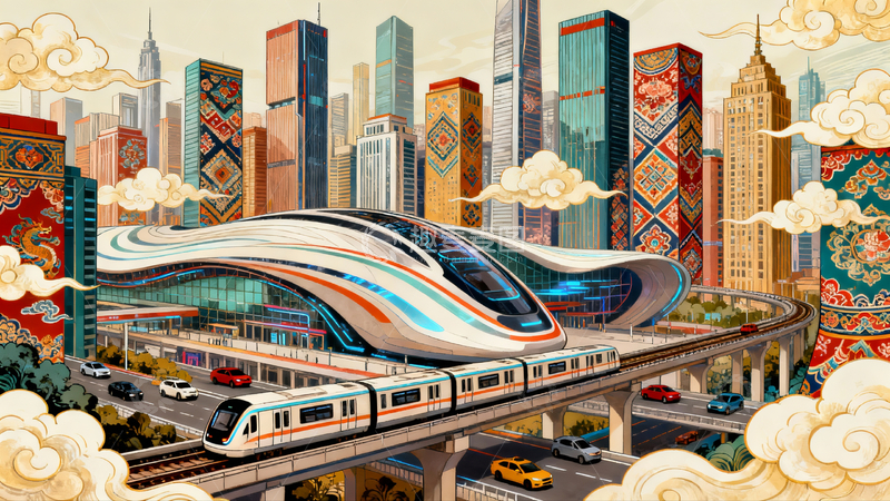 高清大图下载【趣麦麦图】国潮现代城市交通海报插画设计