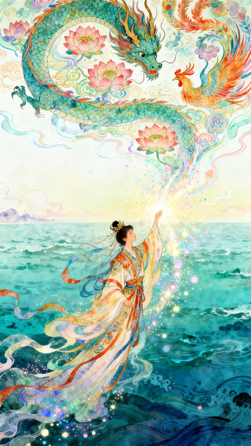 梦幻虚空龙之灵莲花凤凰工笔插画