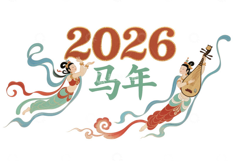 源文件下载【趣麦麦图】2026马年喜庆吉祥壁画插画