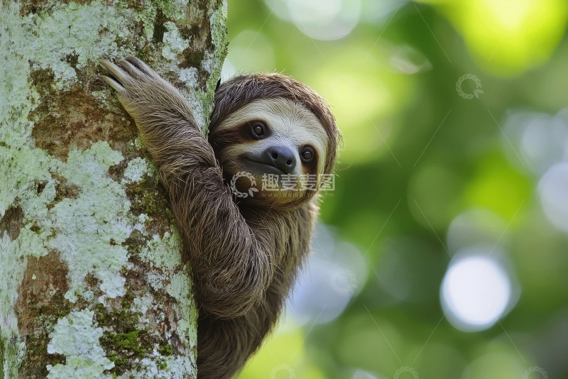 高清大图下载【趣麦麦图】趴在树干上的一只树懒