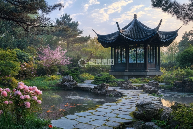 高清大图下载【趣麦麦图】花园凉亭石板路径