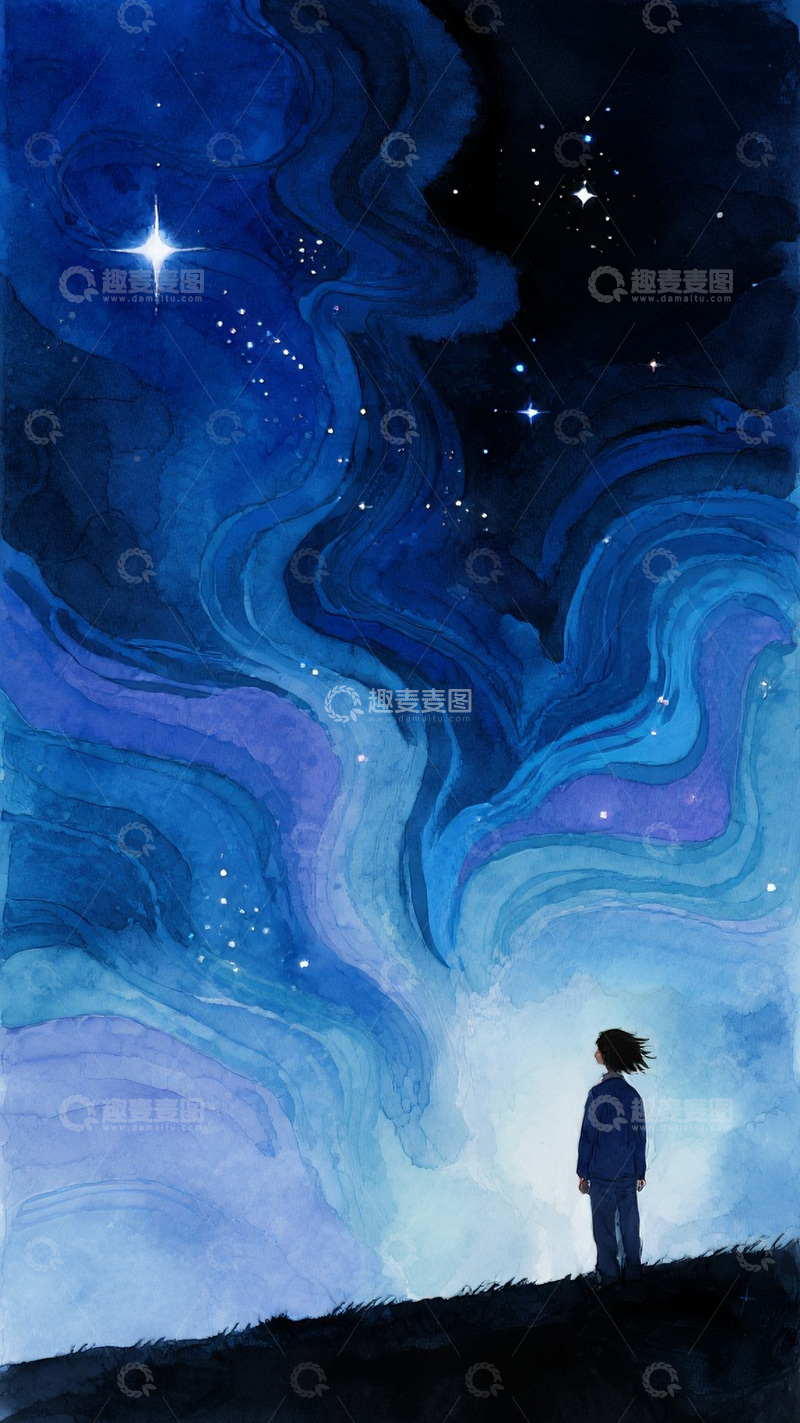 高清大图下载【趣麦麦图】人物立于坡上仰望星空图