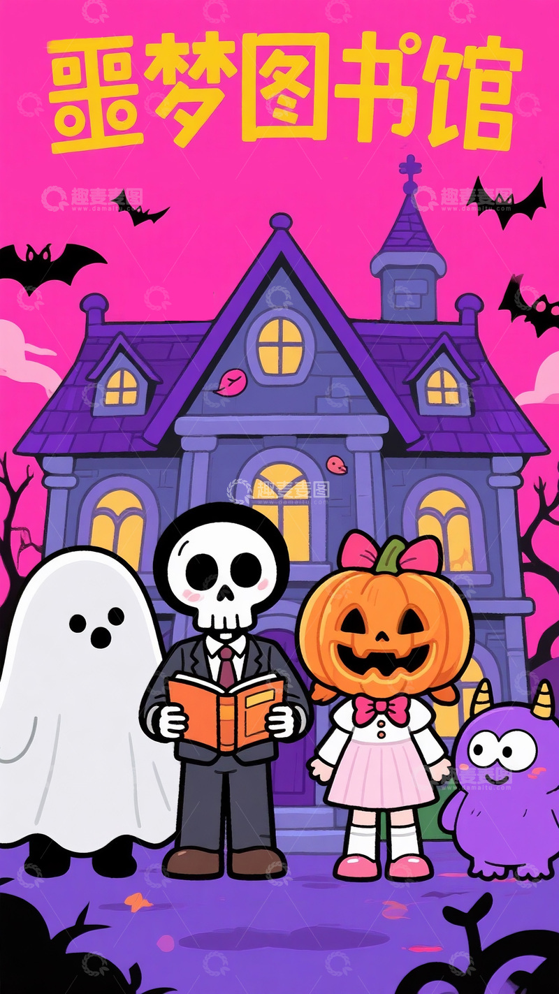 高清大图下载【趣麦麦图】万圣节元素聚集的图书馆图