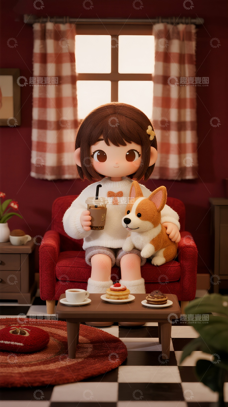 高清大图下载【趣麦麦图】女孩与柯基室内休闲场景图