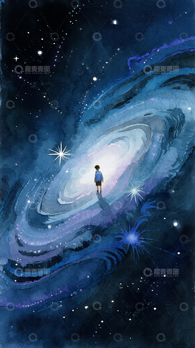高清大图下载【趣麦麦图】男孩立于星系漩涡前之图