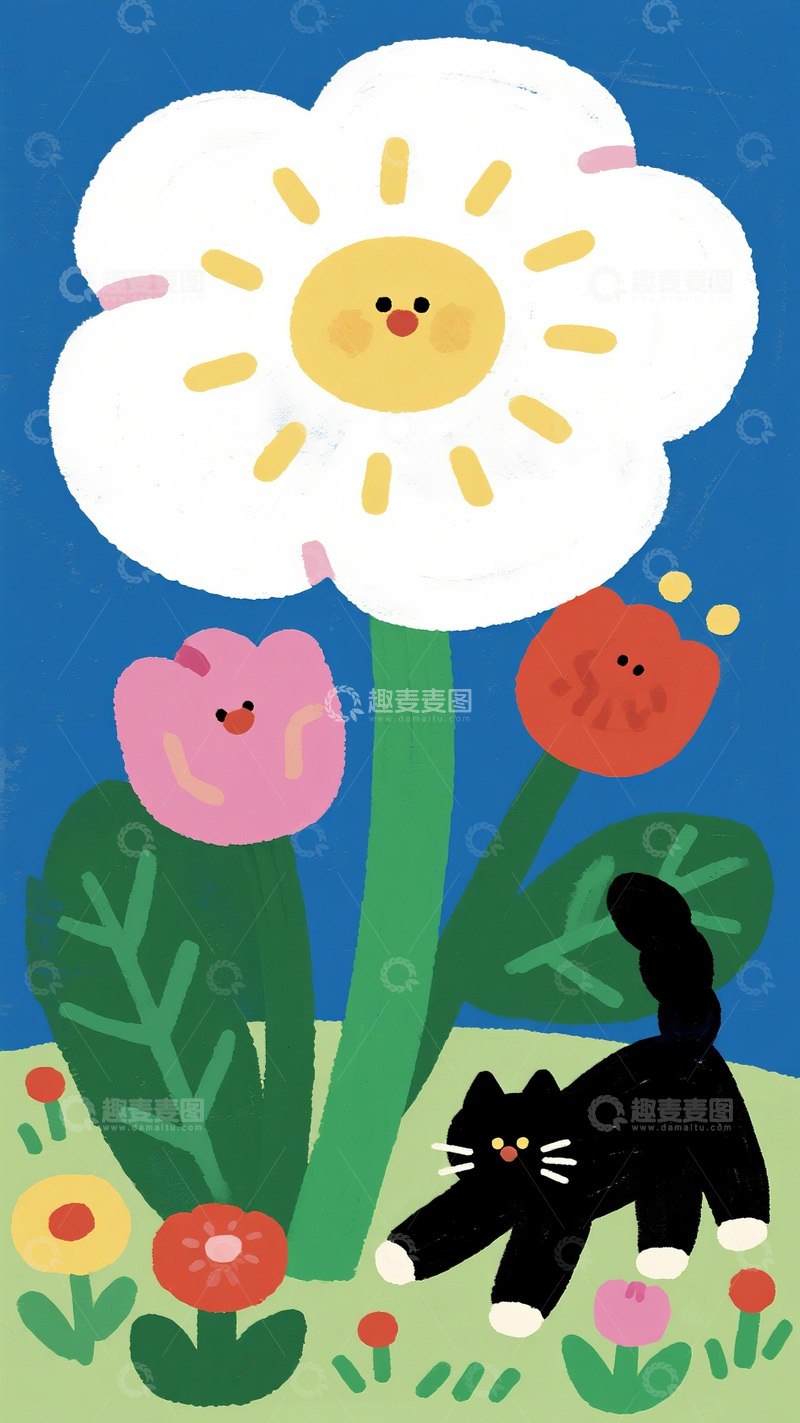 高清大图下载【趣麦麦图】花丛下伸懒腰的黑猫插画