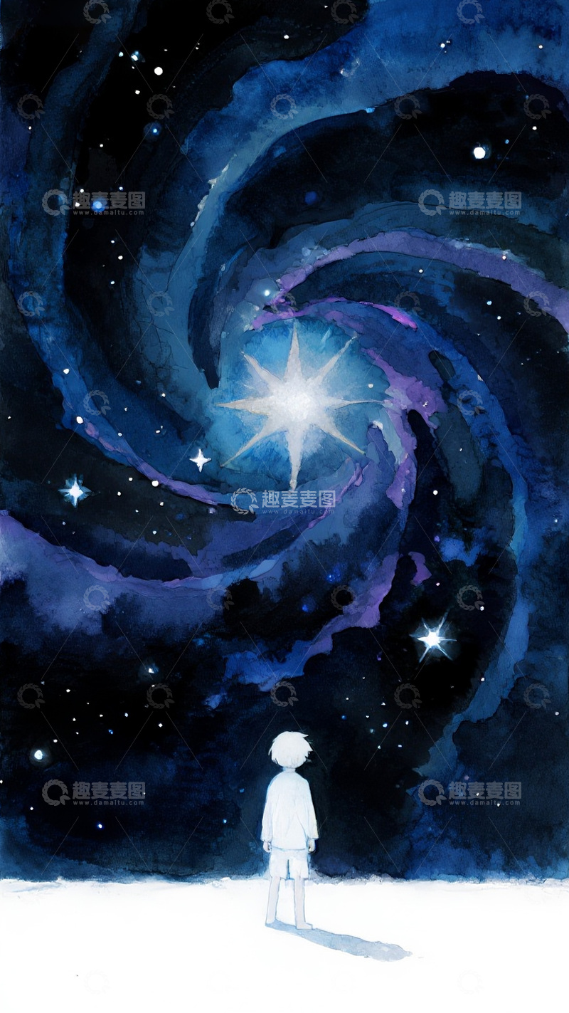 高清大图下载【趣麦麦图】孩童在雪地上仰望星辰图