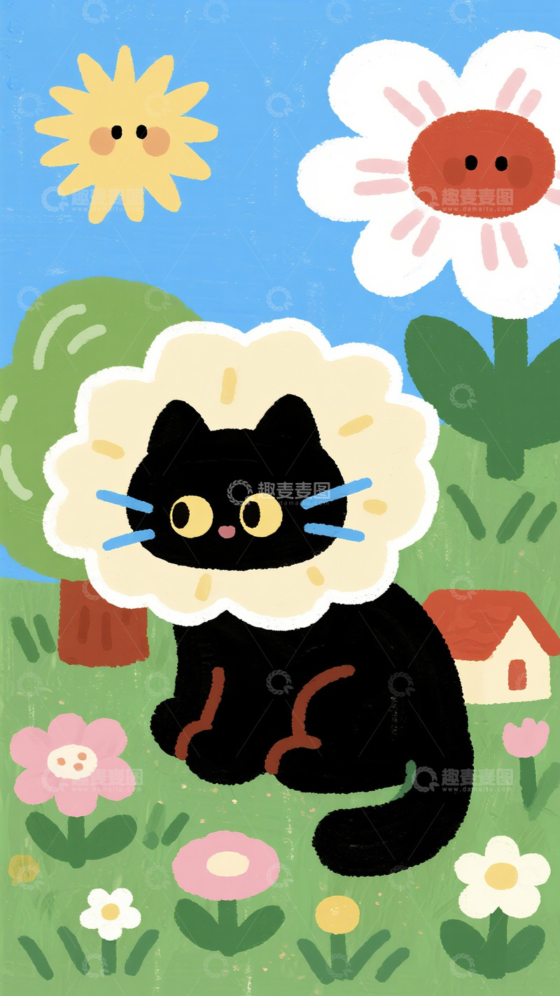 高清大图下载【趣麦麦图】花丛中戴花领的黑猫插画