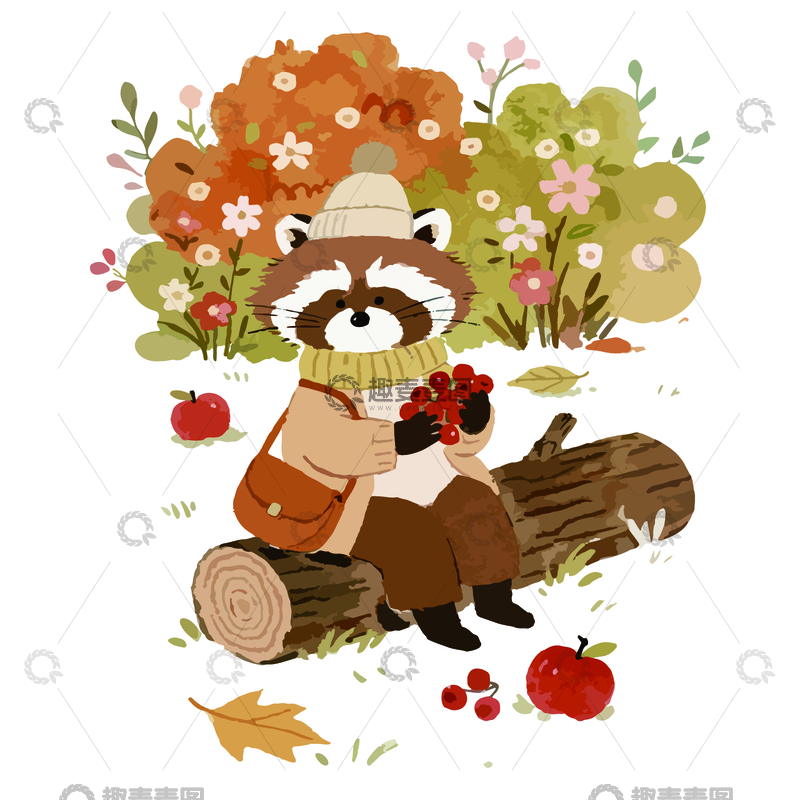 源文件下载【趣麦麦图】秋天浣熊水彩插画